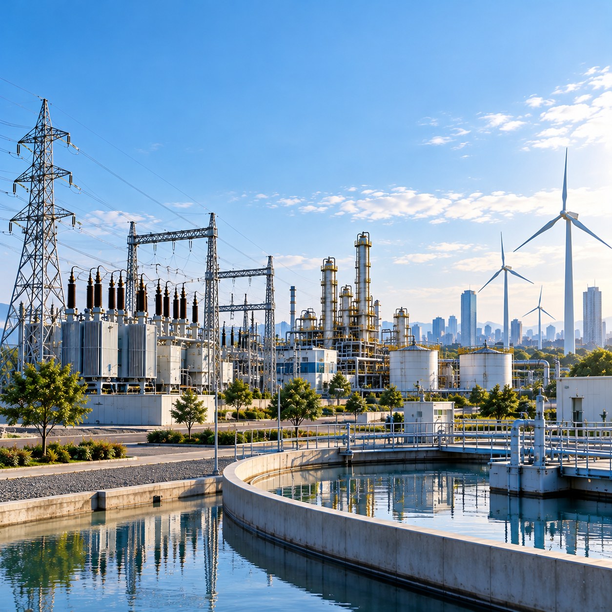 Illustrative image showing an electrical substation, industrial processing facility, water treatment basins and wind turbines